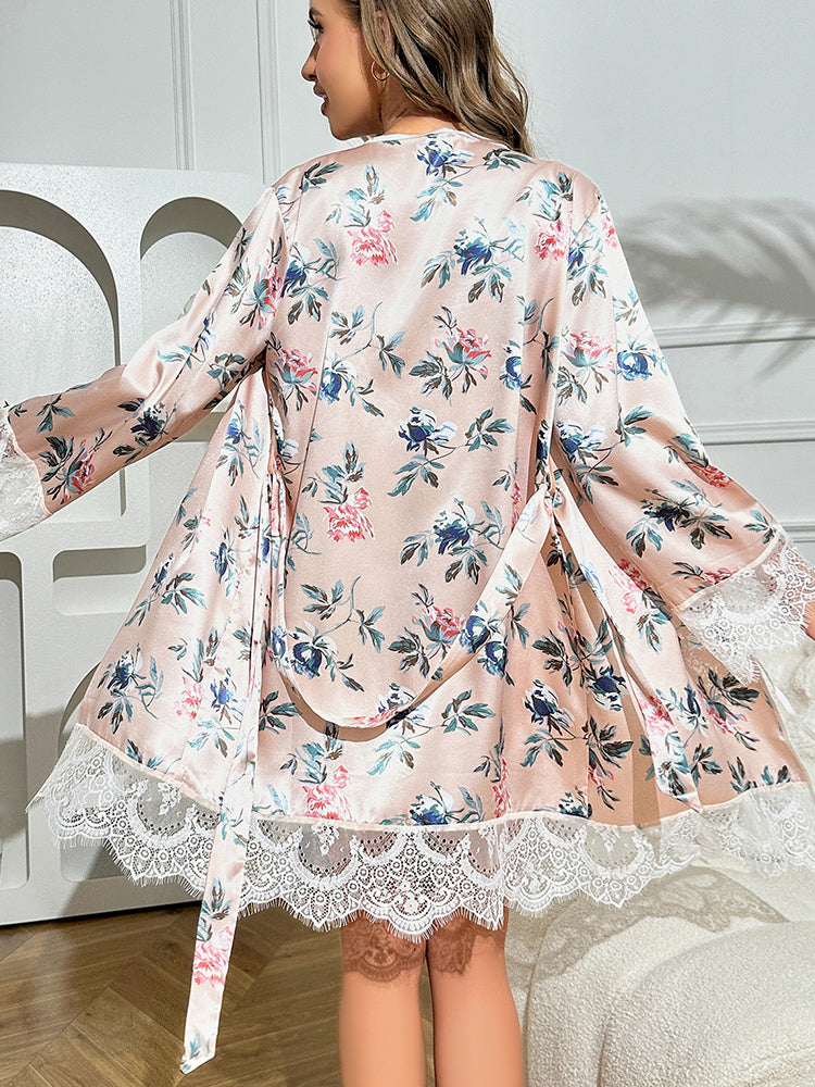 Floral Satin 3-Piece Pajama Set