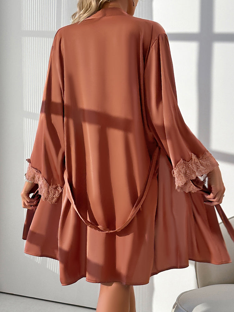 Mocha Satin Lace Trim Robe