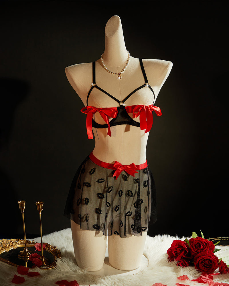 Black Bra with Red Bows & Kiss-Print Skirt Set