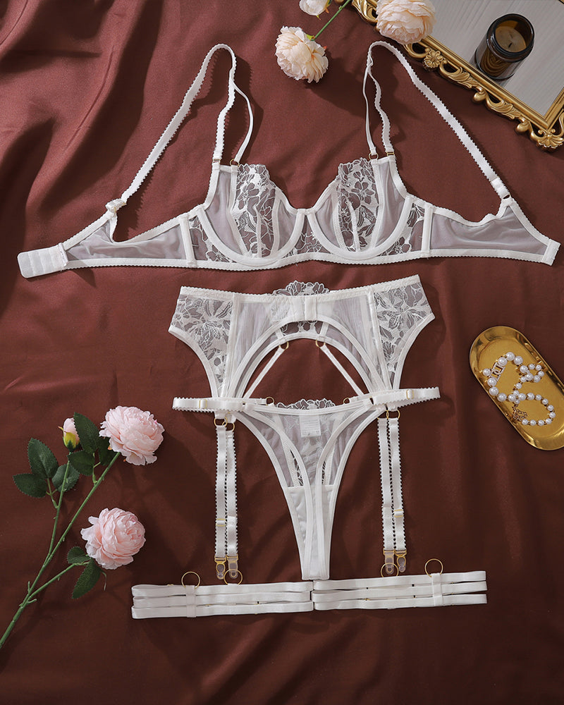 Sheer Embroidered Floral Lingerie Set with Garter Belt