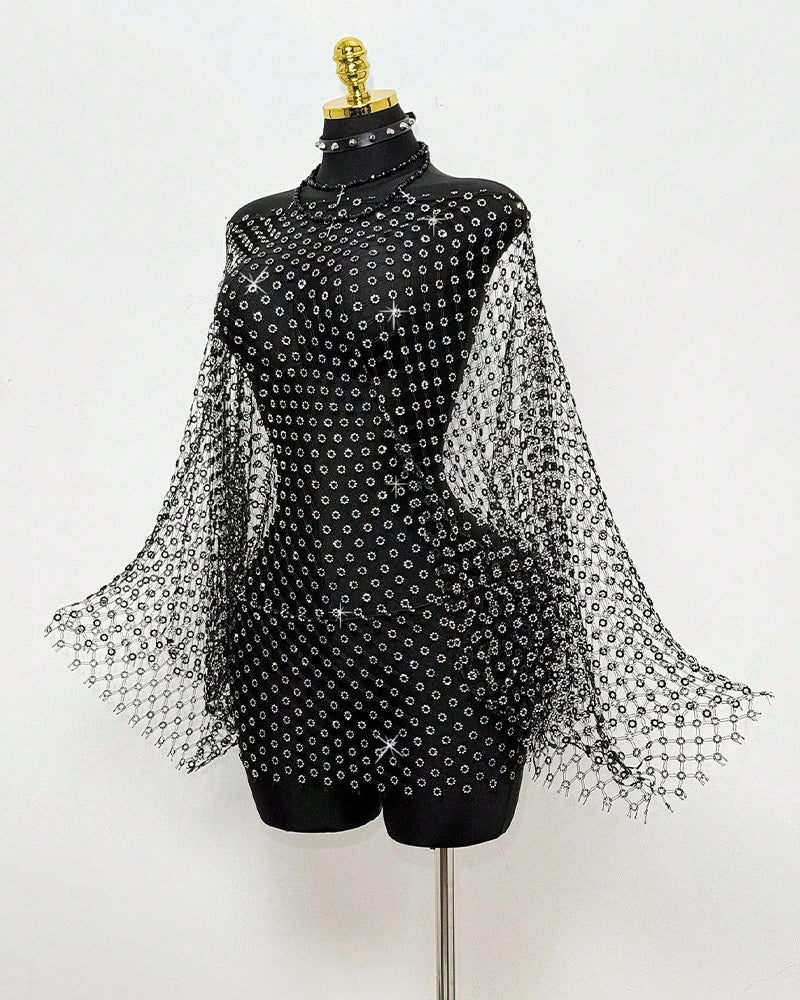 Rhinestone Flowing Long Sleeves Cape Top Cover Up