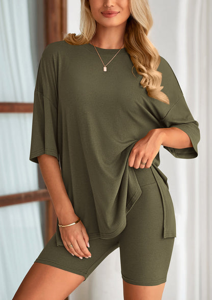 Women's Two-Piece Casual Sports Loose Shirt Cycling Shorts Suit