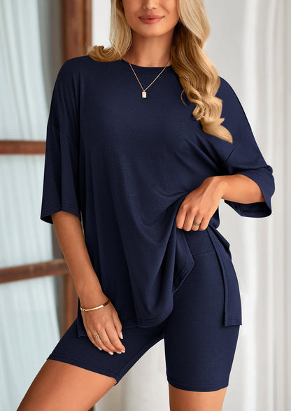 Women's Two-Piece Casual Sports Loose Shirt Cycling Shorts Suit