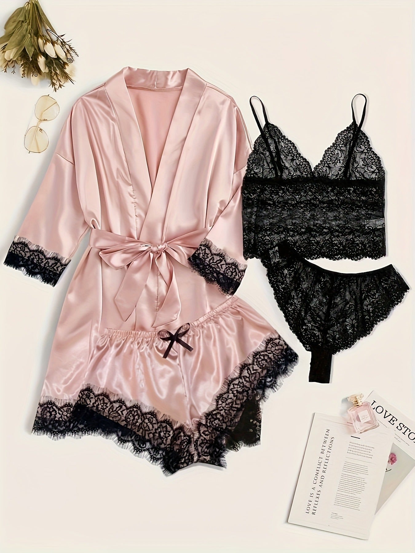 Hyggeshe —Sexy Deep V Lace Tassel Suspender Dress and Thong Pajama Set
