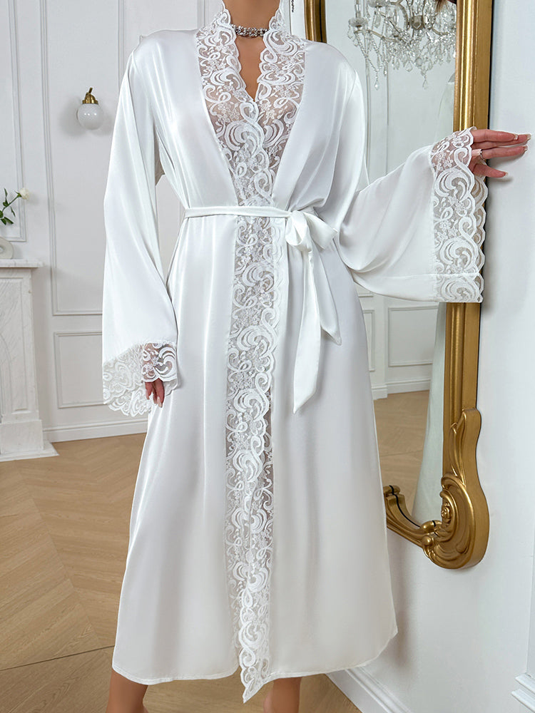 Elegant Lace Trim Satin Robe