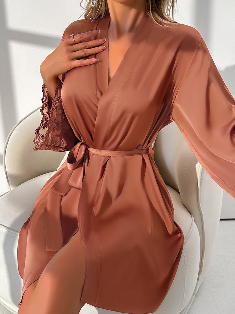 Mocha Satin Lace Trim Robe