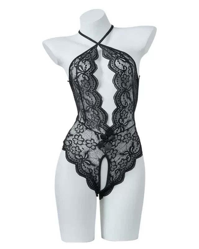 Lace Bodysuit Teddy With Heart Decoration Leg Socks