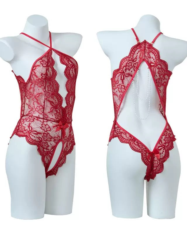 Lace Bodysuit Teddy With Heart Decoration Leg Socks