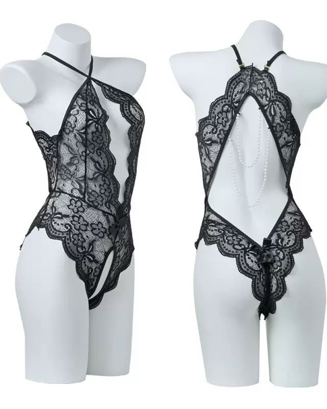 Lace Bodysuit Teddy With Heart Decoration Leg Socks