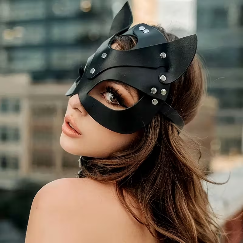 Punk Cat Face Mask 2pcs Cosplay Set Adjustable Leather Collar