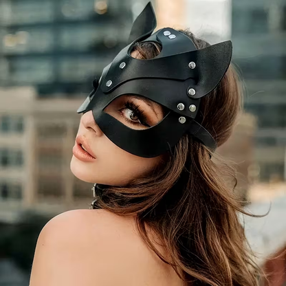 Punk Cat Face Mask 2pcs Cosplay Set Adjustable Leather Collar