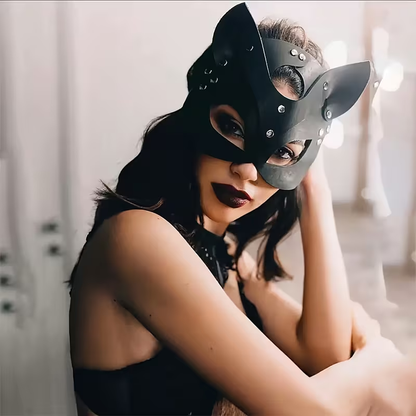 Punk Cat Face Mask 2pcs Cosplay Set Adjustable Leather Collar