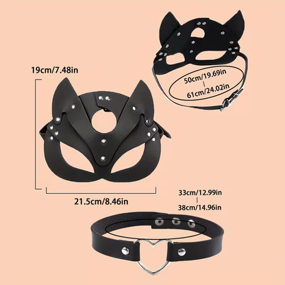 Punk Cat Face Mask 2pcs Cosplay Set Adjustable Leather Collar