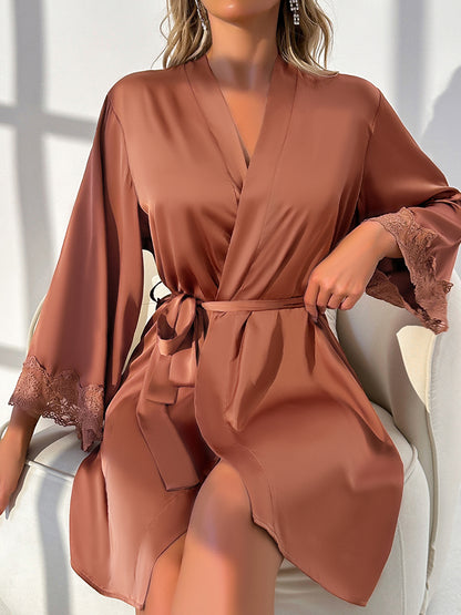 Mocha Satin Lace Trim Robe