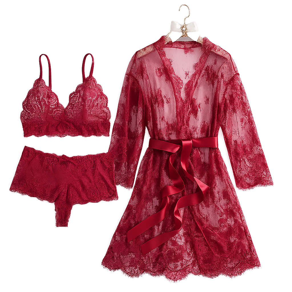 3-Piece Lace Babydoll & Robe Lingerie Set