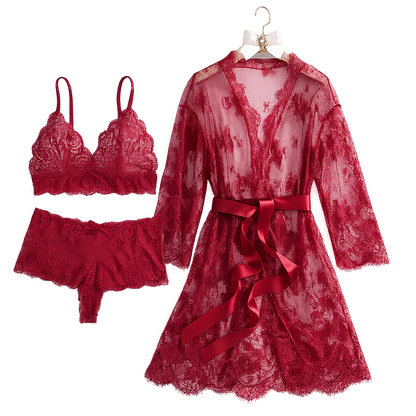 3-Piece Lace Babydoll & Robe Lingerie Set