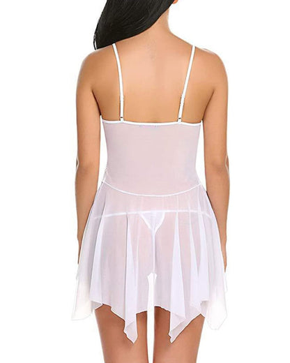 Deep V Lace Mesh Suspender Nightdress & Thong Set