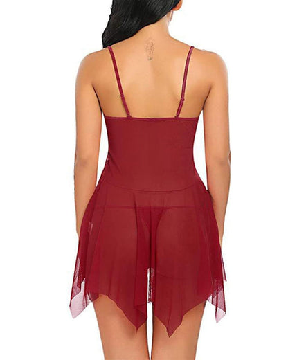 Deep V Lace Mesh Suspender Nightdress & Thong Set