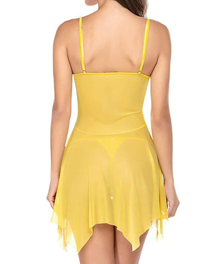 Deep V Lace Mesh Suspender Nightdress & Thong Set