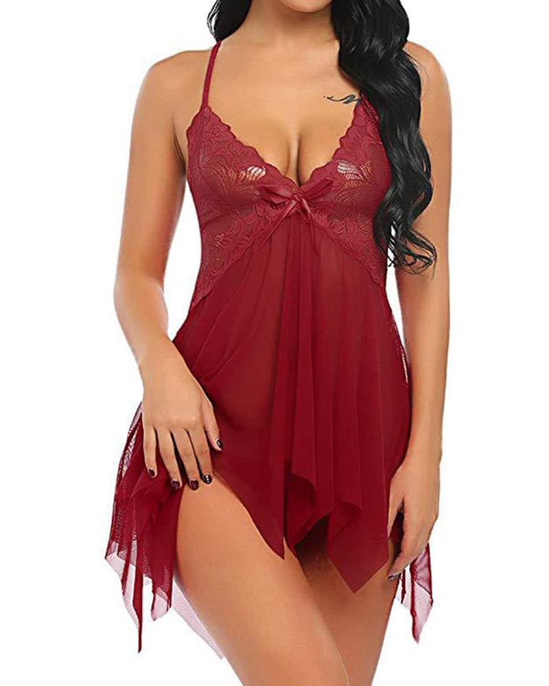 Deep V Lace Mesh Suspender Nightdress & Thong Set