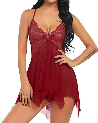 Deep V Lace Mesh Suspender Nightdress & Thong Set