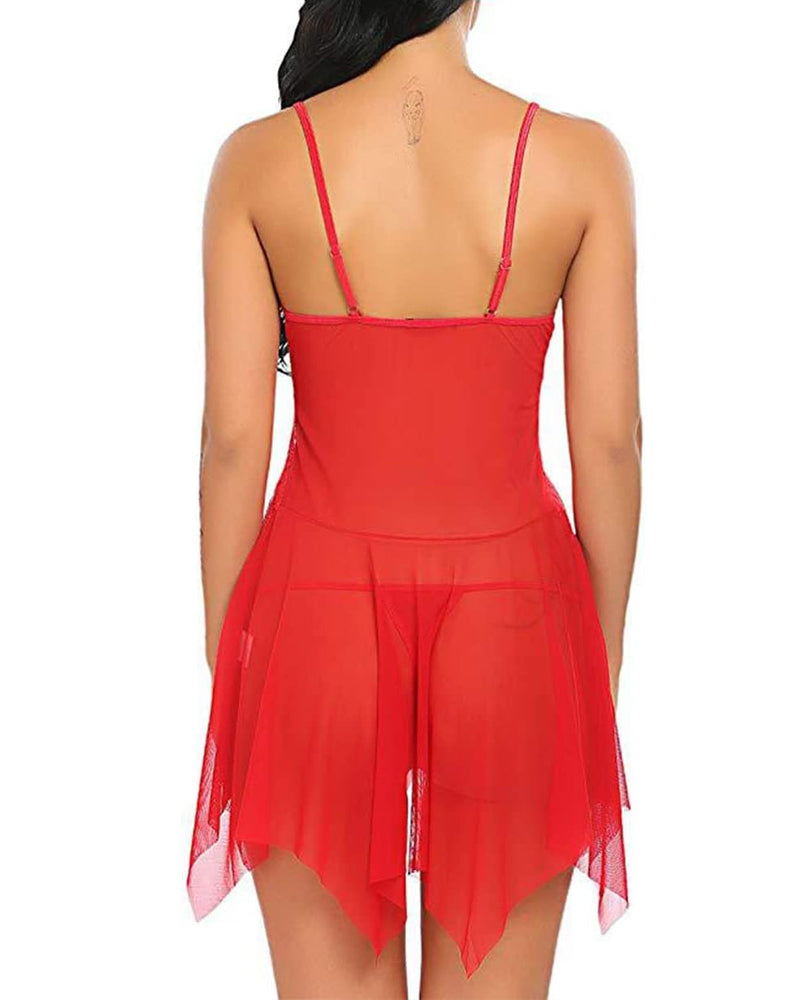 Deep V Lace Mesh Suspender Nightdress & Thong Set