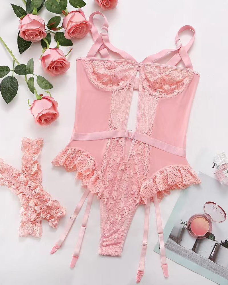 Lace Mesh Backless Ruffle Bodysuit