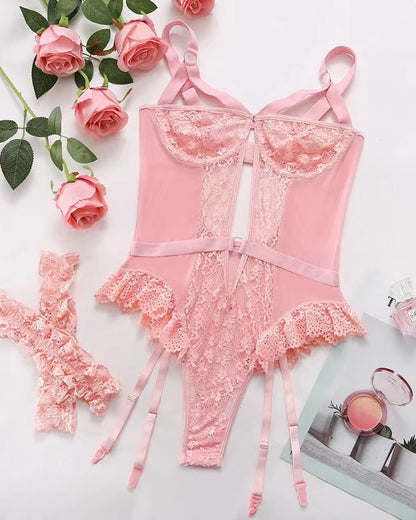 Lace Mesh Backless Ruffle Bodysuit