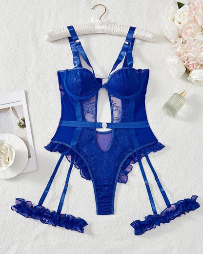 Lace Mesh Backless Ruffle Bodysuit