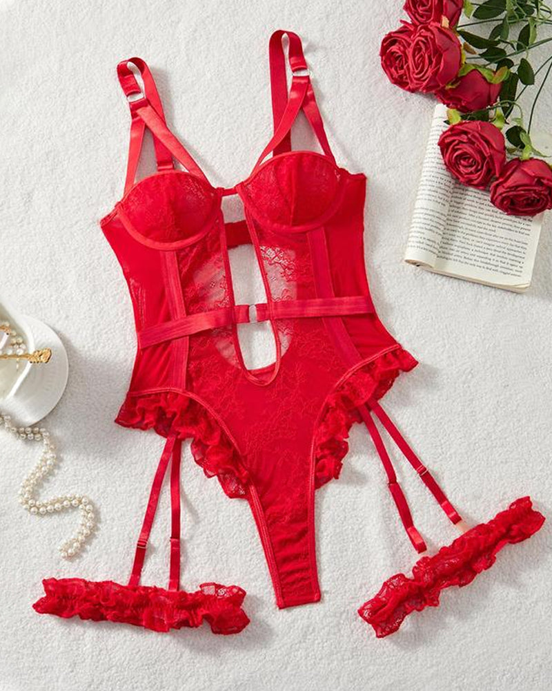 Lace Mesh Backless Ruffle Bodysuit