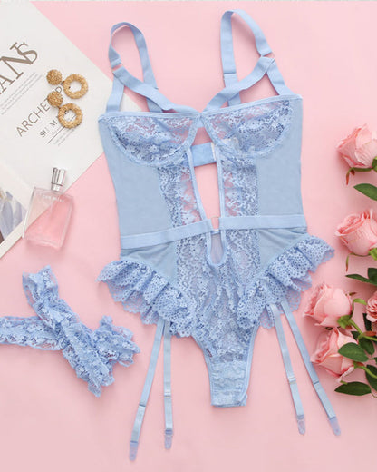 Lace Mesh Backless Ruffle Bodysuit