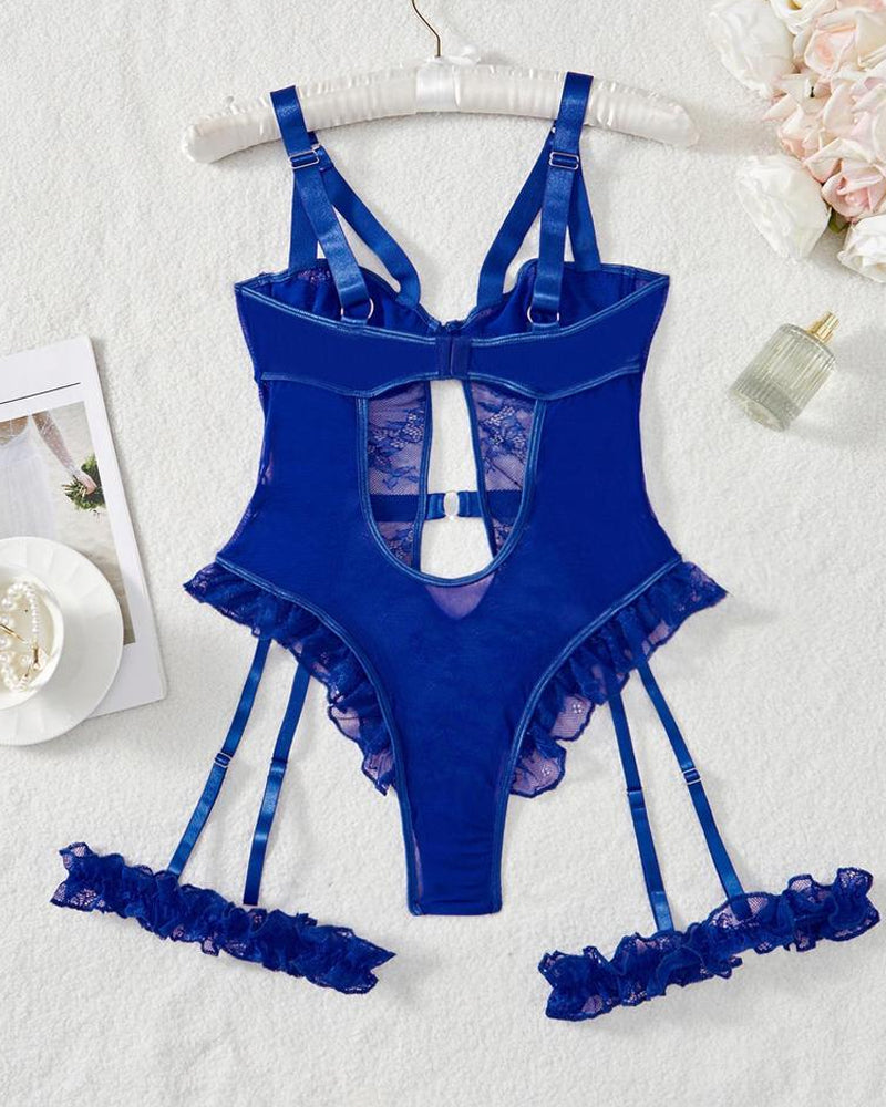 Lace Mesh Backless Ruffle Bodysuit