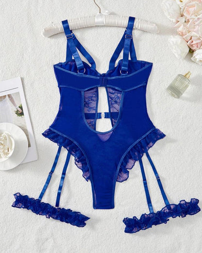 Lace Mesh Backless Ruffle Bodysuit