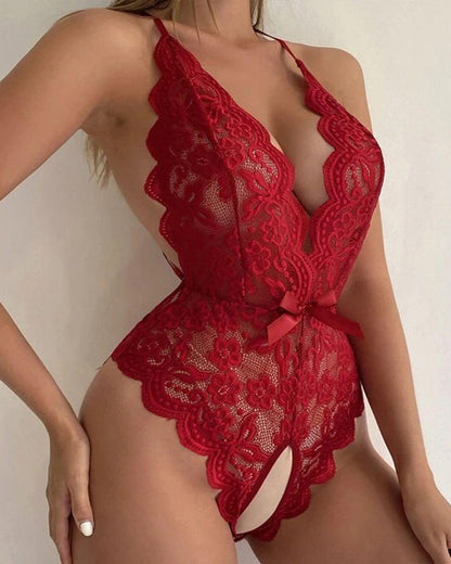 Deep V Floral Lace Teddy Romper