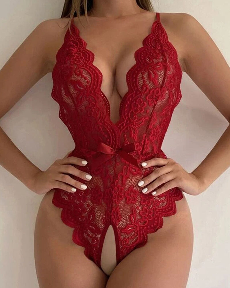 Deep V Floral Lace Teddy Romper