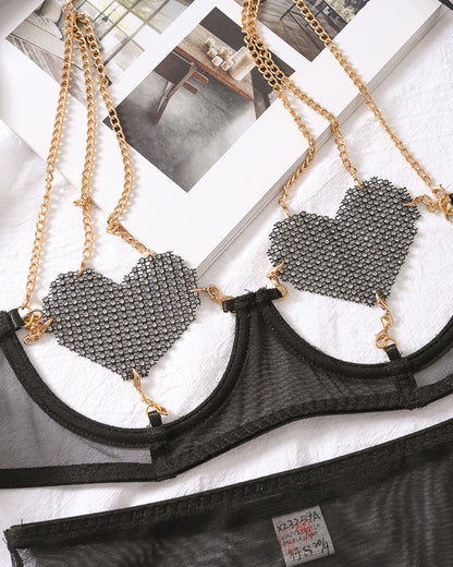 Sexy Metal Chain Suspender Heart Wire Ring Mesh See-through Pajama Set