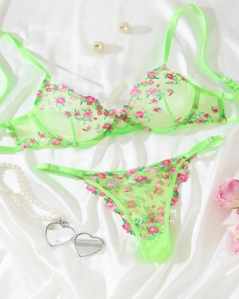 Lace Flower Embroidery Sexy Lingerie Set