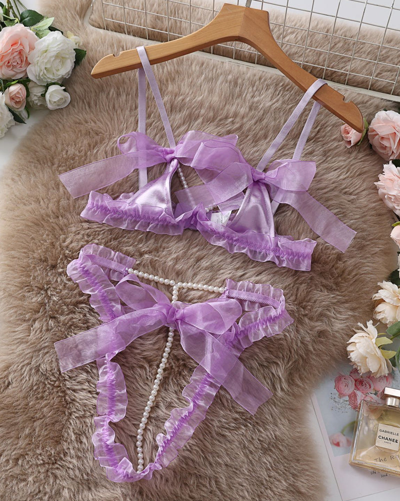 Lace Mesh Bow Tie Pearl Decoration Lingerie Set