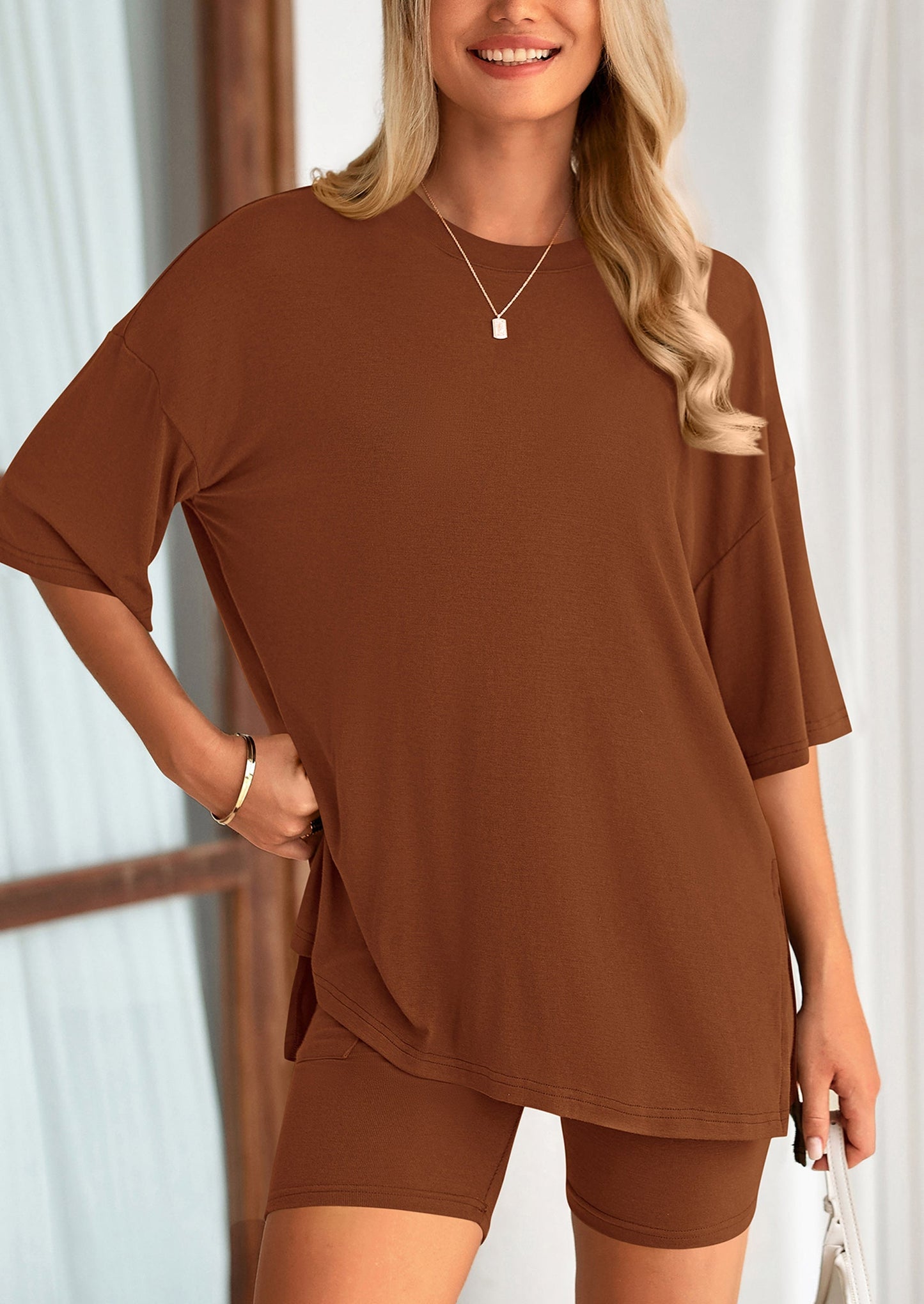 Women's Two-Piece Casual Sports Loose Shirt Cycling Shorts Suit
