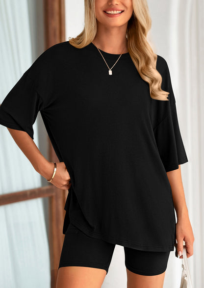Women's Two-Piece Casual Sports Loose Shirt Cycling Shorts Suit