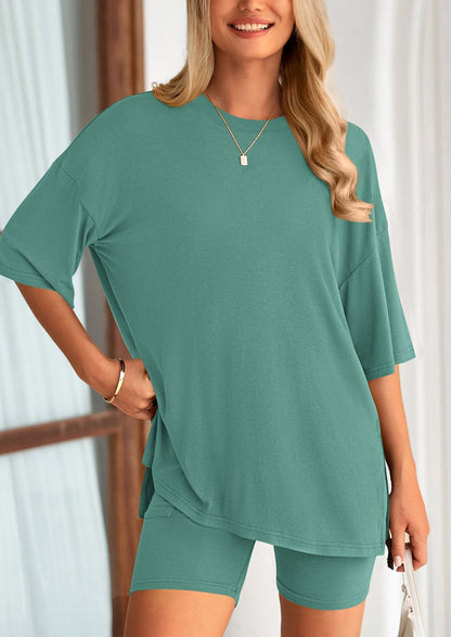 Women's Two-Piece Casual Sports Loose Shirt Cycling Shorts Suit