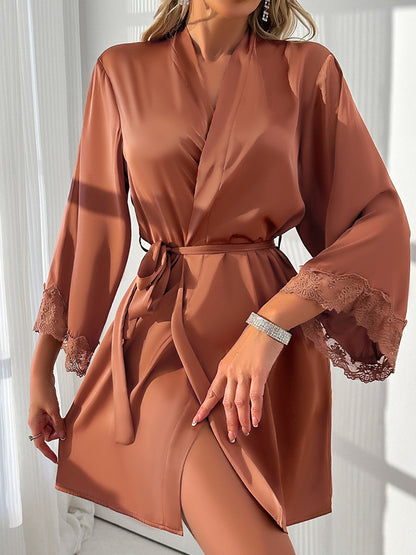 Mocha Satin Lace Trim Robe