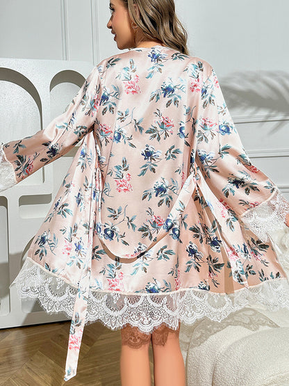 Floral Satin 3-Piece Pajama Set