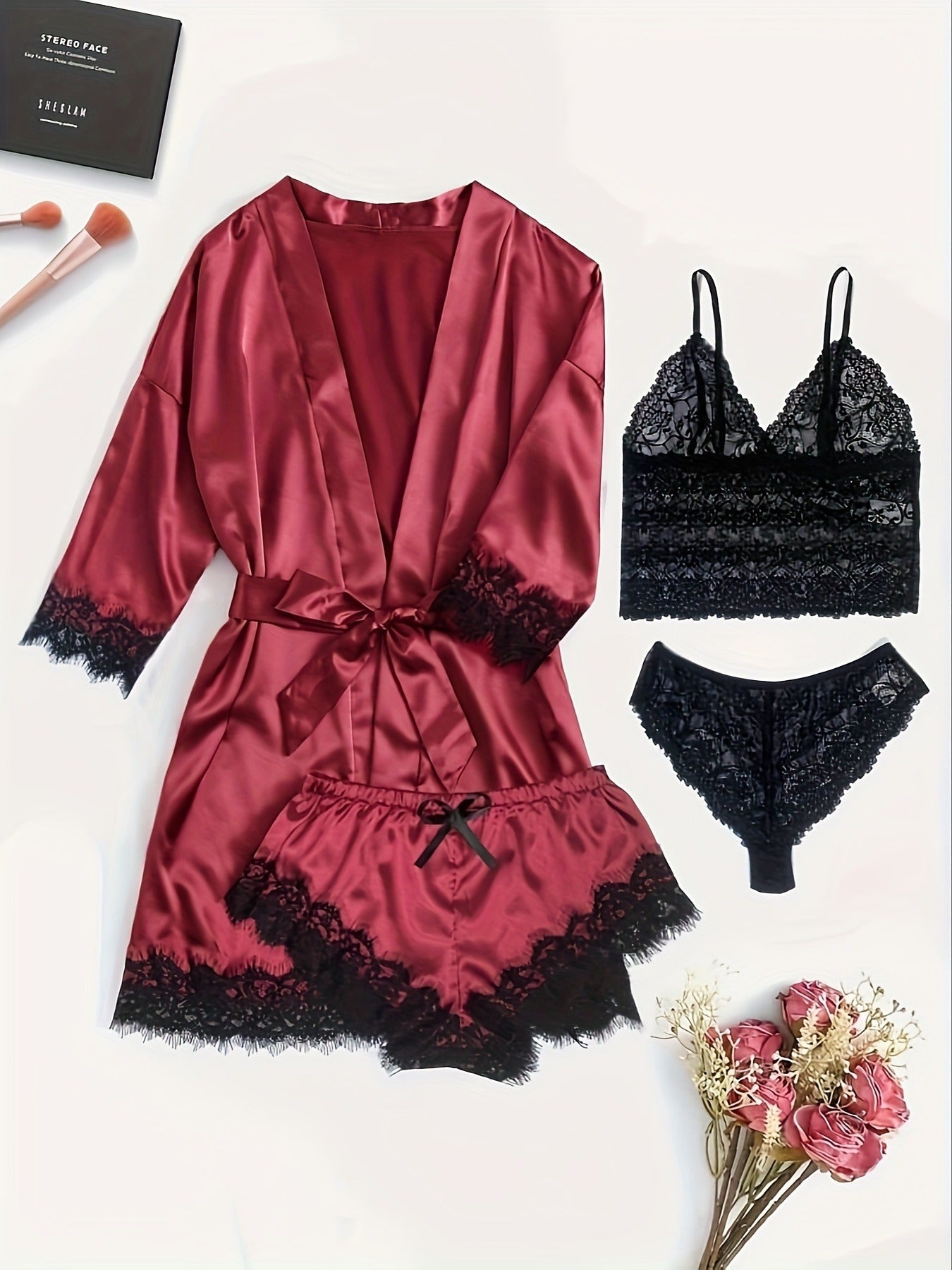 Hyggeshe —Sexy Deep V Lace Tassel Suspender Dress and Thong Pajama Set