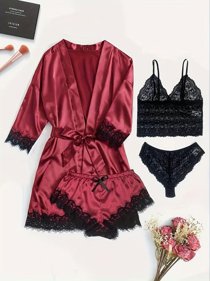 Hyggeshe —Sexy Deep V Lace Tassel Suspender Dress and Thong Pajama Set