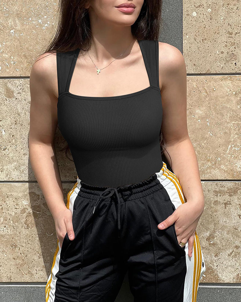 Women's Square Neck Sleeveless Knit Ribbed Vest Bodysuit
