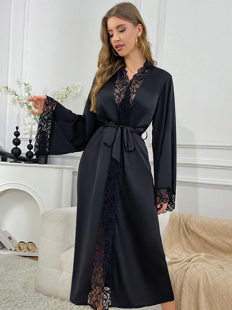 Elegant Lace Trim Satin Robe