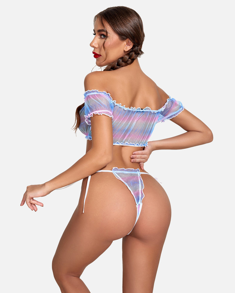 Floral Mesh Ruffle Lingerie Set