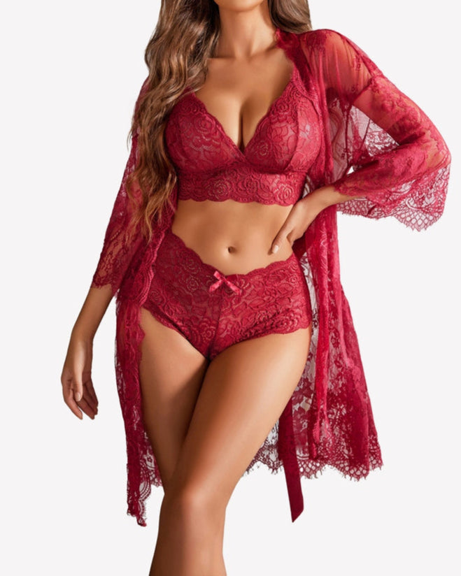 Lace Bra, Panty &amp; Mesh Nightgown Set
