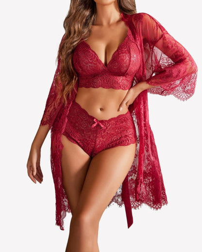 Lace Bra, Panty &amp; Mesh Nightgown Set